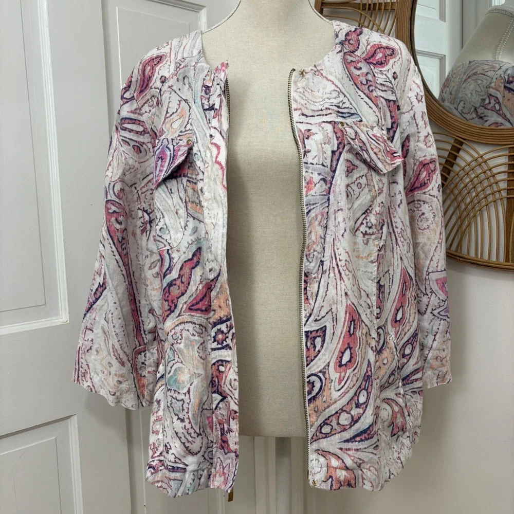 Chico's Linen Zip Up Jacket Shacket Sz 3 (XL) Boho Chic Coastal Paisley Career